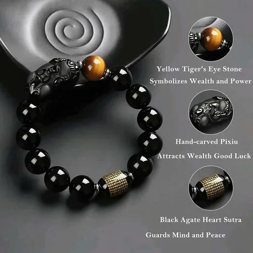 Miniatura 15 de Pulsera de obsidiana negra, pulsera de obsidiana negra Feng Shui para mujeres y hombres, pulsera elástica de obsidiana con piedra de ojo de tigre