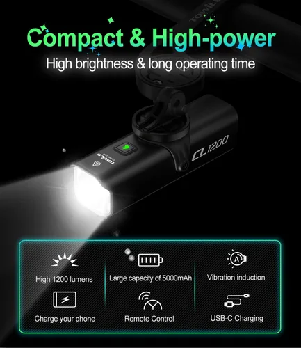 Miniatura 5 de TOWILD CL1200 Bike Lights for Night Riding,Compatible with Garmin/GoPro Mount,1200 Lumen Bike Headlight,5000mAh Rechargeable Battery,Waterproof Bike