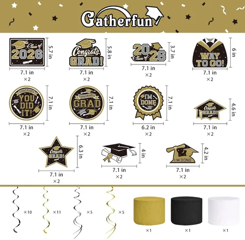 Miniatura 3 de Juego de decoraciones de graduación 2026 con temática negra y dorada, pancarta de felicitaciones, telón de fondo, globos y serpentinas, suministros