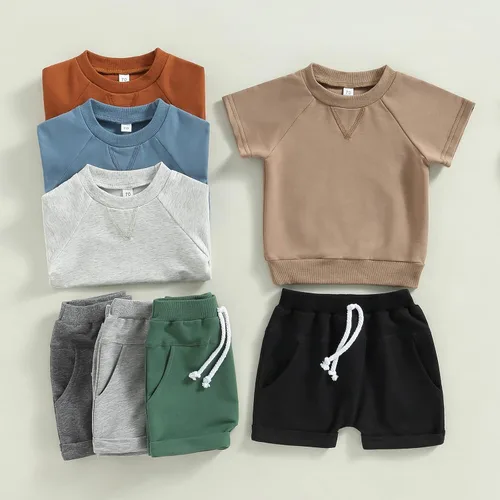 Miniatura 2 de Conjunto de traje de verano para bebé niño pequeño, manga corta, cuello redondo, letras impresas, lindo traje de verano, conjunto de 2 piezas