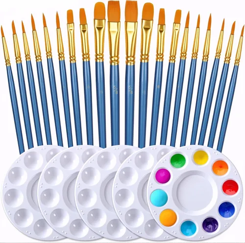 DUGATO Juego de pinceles y paleta de pintura para artistas, 20 pinceles de nailon (varios tamaños y formas) con 5 bandejas de mezcla, ideal para Azul