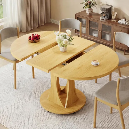 Miniatura 13 de iPormis Mesa de comedor extensible de 43 a 59 pulgadas, mesa de cocina redonda con pedestal de arcos modernos, mesa de comedor ovalada con hojas