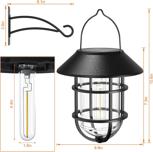Miniatura 6 de Farol solar colgante para exteriores, luces solares impermeables de metal para exteriores con vidrio transparente, bombillas LED Edison decorativas