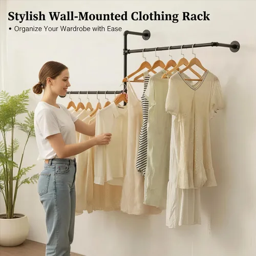 Miniatura 2 de Perchero industrial para ropa de pared con rieles de ropa de tubería, barras multiusos para colgar ropa resistente, ahorro de espacio, organizador