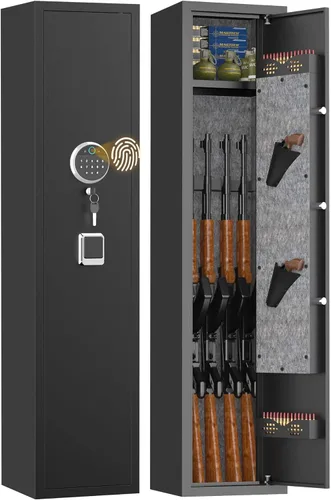 Miniatura 10 de [No requiere montaje] Caja fuerte para armas 8-12 para rifles y pistolas, bloqueo biométrico de huellas dactilares y teclado, caja fuerte