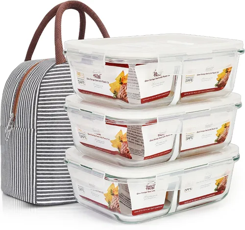 Miniatura 13 de DAS TRUST Paquete de 3 recipientes de almacenamiento de alimentos, 2 compartimentos, recipientes de vidrio para preparación de comidas con tapas