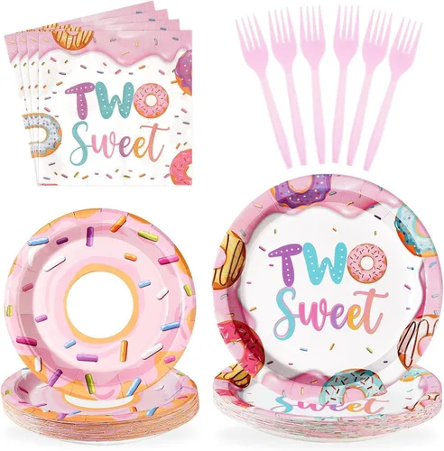 96 piezas de suministros para fiesta de cumpleaños Two Sweet de donas, decoraciones de fiesta Two Sweet, platos de donas, servilletas, tenedores,
