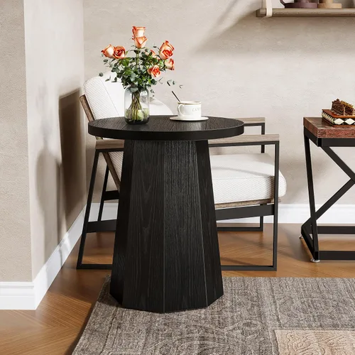 Miniatura 5 de Tribesigns Mesa Auxiliar Redonda de Estilo Rústico, Mesa Lateral de Madera para Sofá con Base Octagonal, Mesita de Noche Negra con Pedestal, Mueble