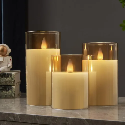 Miniatura 4 de Velas de pilar sin llama de vidrio parpadeantes con temporizador remoto, velas LED de cera real con llama en movimiento 3D operadas por batería