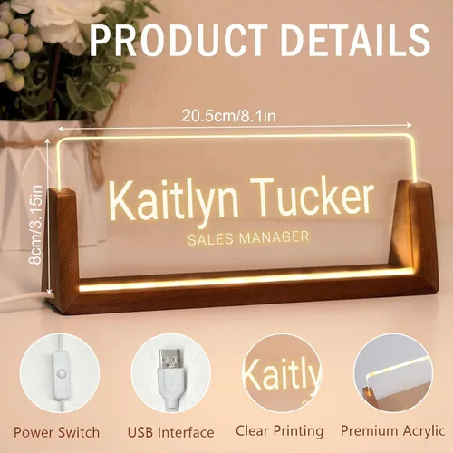 Miniatura 5 de Placa de nombre personalizada para escritorio, placa de nombre personalizada con luz para escritorios, decoraciones de escritorio para mujeres
