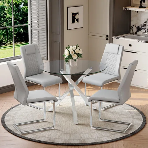 Miniatura 30 de Juego de mesa de comedor redonda para 6, juego de mesa de comedor de vidrio de 39 pulgadas con base de metal ajustable dorada en forma de X y 6