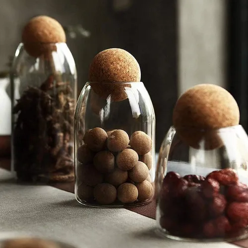 Miniatura 2 de MOLFUJ Frasco de almacenamiento de vidrio de 550ML/18Oz con corcho de bola, lindo frasco organizador decorativo con tapa de madera hermética
