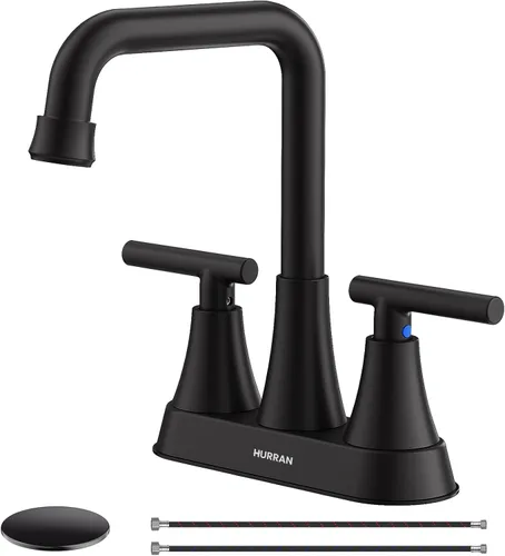 Grifo de Lavabo de Baño Negro Mate, Hurran Grifos de Baño de 4 Pulgadas para Lavabo de 3 Orificios con Desagüe Pop-up y Líneas de Suministro, Grifo
