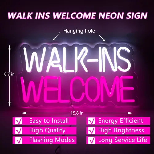 Miniatura 4 de Walk Ins - Letrero de neón de bienvenida para decoración de pared, luces LED para sala de estudio, decoración de negocios, luz de neón