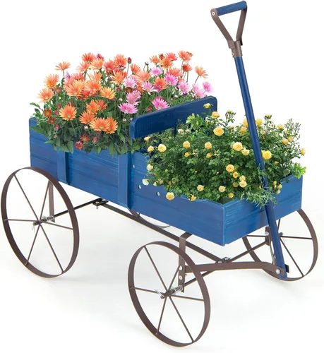 Miniatura 12 de Giantex Maceta decorativa para jardín, carrito pequeño con ruedas de metal, camas elevadas de madera, soporte para macetas para patio trasero, Gris