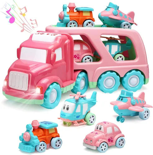 Juego de juguetes de transporte (5 en 1) con luces y sonidos, juguete rosa para niñas pequeñas, camión de transporte de doble capa alimentado por