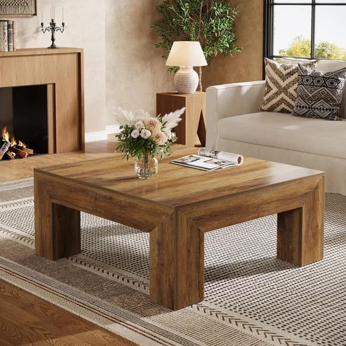 Miniatura 7 de Tribesigns Mesa auxiliar cuadrada de 39.4 pulgadas para sala de estar, mesa de cóctel central de decoración de granja con patas de madera