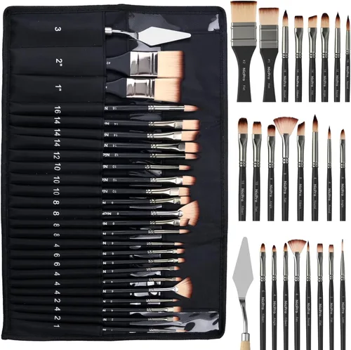 Nicpro Juego de 26 pinceles de pintura, pinceles profesionales con cuchillo de paleta, pinceles de pintura para manualidades para pintura acrílica,