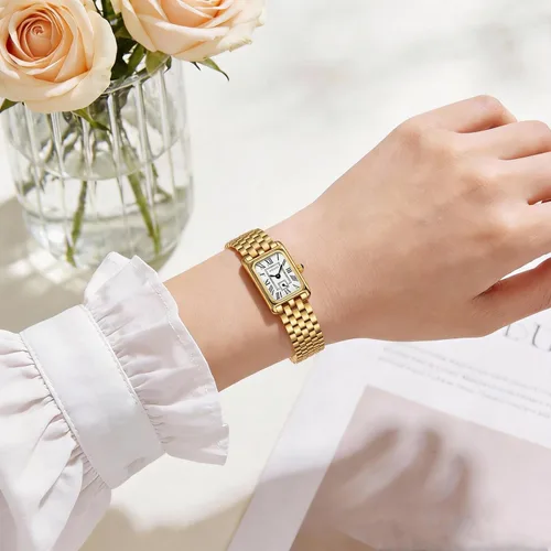 Miniatura 6 de Relojes dorados para mujer, pulsera vintage, esfera romana, rectangular, ultrafina, con herramienta de ajuste