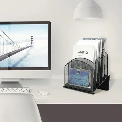 Miniatura 8 de Delifox Organizador de escritorio inclinado, soporte de archivos de 5 secciones con bandeja vertical para carpetas, estante de metal clasificador