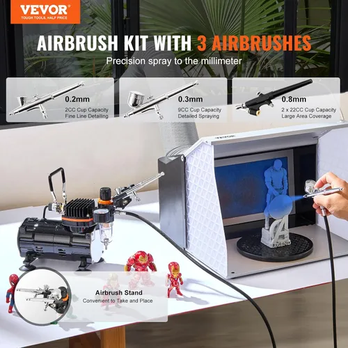 Miniatura 2 de Kit de aerógrafo VEVOR, juego profesional de aerógrafo con compresor de 1/5 HP y 3 aerógrafos, kit de sistema de aerógrafo con aerógrafos de acción