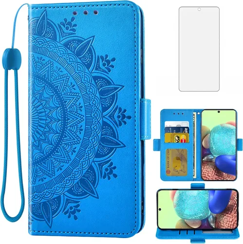 Asuwish Funda tipo cartera compatible con Samsung Galaxy A71 5G, protector de pantalla de vidrio templado, tarjetero con tapa, correa de muñeca,
