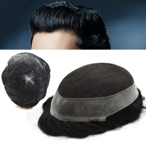 Miniatura 50 de French Lace Mens Toupee Sistema de cabello humano Toupee para hombres Pieza de cabello humano real invisible PU línea capilar natural protesis