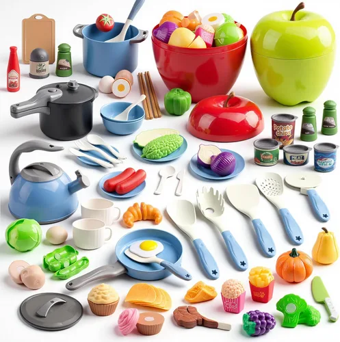 Miniatura 17 de Juego de cocina de 130 piezas, ollas de juego de cocina para niños, sartenes, utensilios de cocina, alimentos diarios, frutas y verduras, cesta