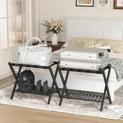 Miniatura 8 de Portaequipajes plegable con estante de almacenamiento para habitación de invitados Hotel Essentials de bambú sólido resistente soporte