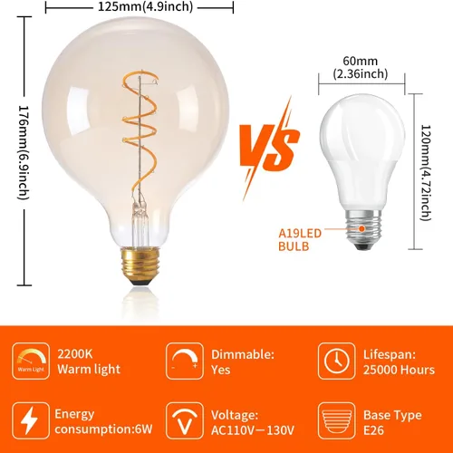 Miniatura 3 de OMED Bombilla Edison LED vintage G125/G40 E26, globo de gran tamaño, regulable, de vidrio ámbar, 2200 K, blanco cálido, bombilla redonda antigua