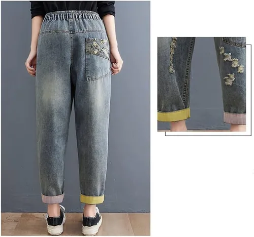 Miniatura 5 de LAI MENG FIVE CATS Pantalones vaqueros sueltos para mujer, pantalones harén con cintura elástica con bolsillo