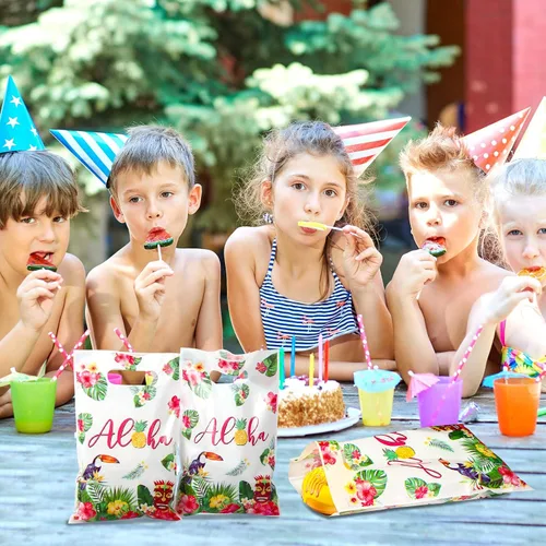 Miniatura 5 de PerKoop 100 bolsas de regalo hawaianas de plástico Aloha bolsas de regalo Luau para fiestas con asas para verano, tropical, cumpleaños, vacaciones