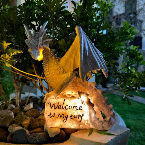 Miniatura 12 de Estatua de Dragón de Jardín con Energía Solar Figura Luminosa para Exteriores Decoración Linda que Sostiene Bola de Cristal Brillante Escultura
