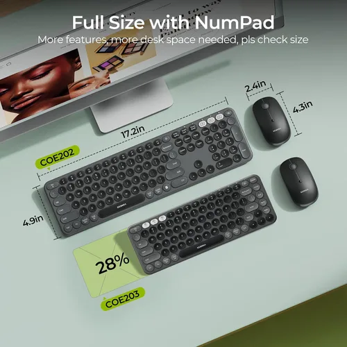 Miniatura 6 de seenda COE202 - Combo de teclado inalámbrico Bluetooth, lindo teclado redondo retro, mouse silencioso, conexión de 3 dispositivos múltiples