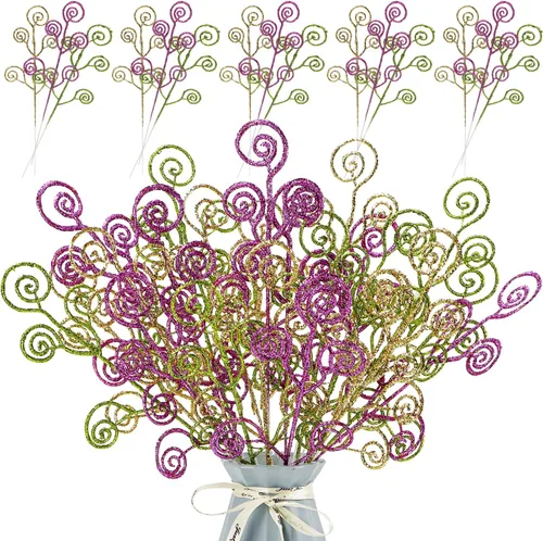 Miniatura 15 de 24 piezas de adornos de Navidad con purpurina, palitos decorativos, palillos de dulces, rociadores rizados, ramitas para Halloween, ramas de árbol