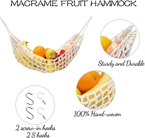 Miniatura 2 de Hamaca de frutas para cocina, debajo del gabinete, cesta de frutas colgante de algodón tejido a mano, cesta de macramé, decoración bohemia