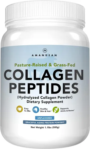 AMANDEAN Polvo de péptidos de colágeno (17.6 onzas). Suplemento de proteína hidrolizada alimentada con pasto. Promueve articulaciones saludables,
