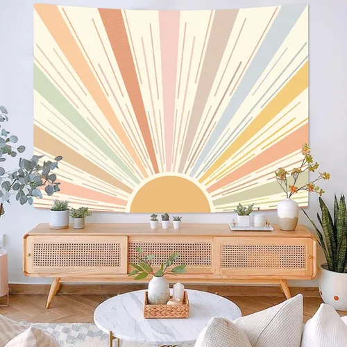 Miniatura 4 de Kanuyee Tapiz de Sol bohemio para colgar en la pared, diseño retro de los años 70, diseño abstracto a rayas, estético, amanecer, vintage