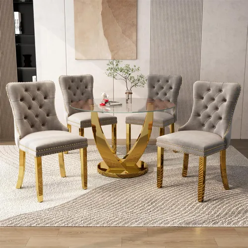 Miniatura 20 de Juego de mesa de comedor redonda de vidrio de 38.9 pulgadas para 4, mesa de cocina redonda dorada con 4 sillas decorativas de terciopelo tapizadas