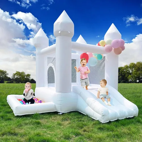iLink-outer Casa de rebote blanca para niños con soplador de bola deslizante Oxford White Castle 108 x 108 x 84 pulgadas, regalo de fiesta de