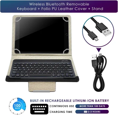 Miniatura 7 de DETUOSI Funda universal para tableta Android de 10.1 pulgadas con teclado, teclado Bluetooth inalámbrico extraíble + funda de cuero sintético +