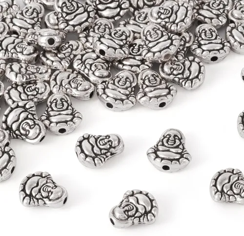 Miniatura 16 de Craftdady 60 cuentas espaciadoras de cabeza de Buda tibetano, 3 colores, cuentas de metal espiritual budista de 10-11x9-0.394 in de doble cara