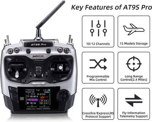 Miniatura 2 de Radiolink AT9S Pro 10/12 Canales Transmisor y Receptor de Radio R9DS, Largo Alcance para Avión/Jet/Drone de Carrera FPV/Cuad/Camión RC Coche/Barco