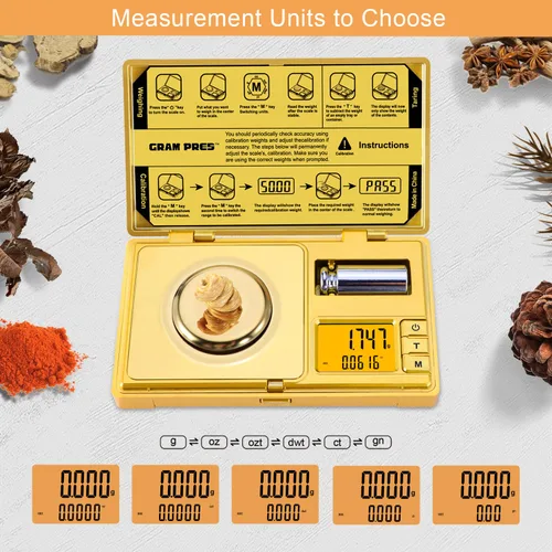 Miniatura 4 de GRAM PRES Balanza de miligramo de alta precisión, 50g/0.001g, báscula digital mini de bolsillo, báscula de gramos para pesar polvos, joyas, Dorado