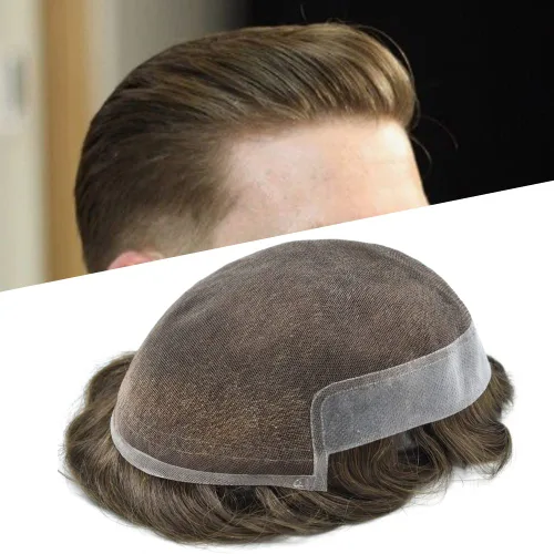 Miniatura 11 de Tupé para hombre, cabello humano real, suave encaje suizo frontal, tupé para hombres, sistema de cabello, extensiones capilar para hombre