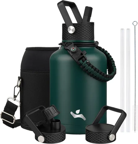 Miniatura 27 de Konokyo - Botella de agua aislada de 18 onzas, botellas deportivas de acero inoxidable con 3 tapas, verde militar