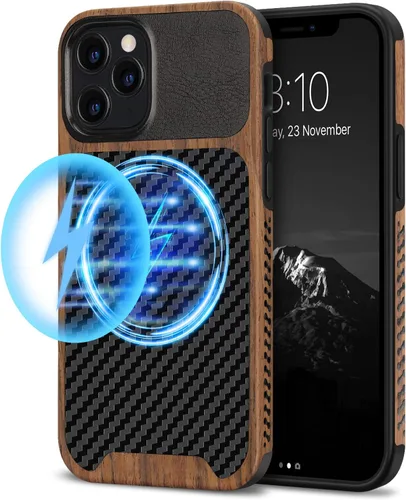 Miniatura 12 de TENDLIN Funda compatible con iPhone 12 Pro Max de grano de madera con diseño de textura de fibra de carbono, funda híbrida de cuero negro