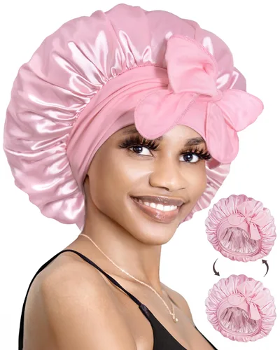 Miniatura 17 de BONNET QUEEN Gorro de seda para dormir, gorro de satén con lazo para el cabello, doble capa, para mujeres, cabello rizado, color marrón