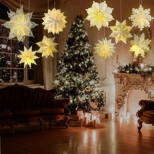 Miniatura 9 de Mudder 10 piezas de linterna de papel copo de nieve, linterna de papel estrella con 14 luces LED, lámpara de papel, decoración colgante de fiesta