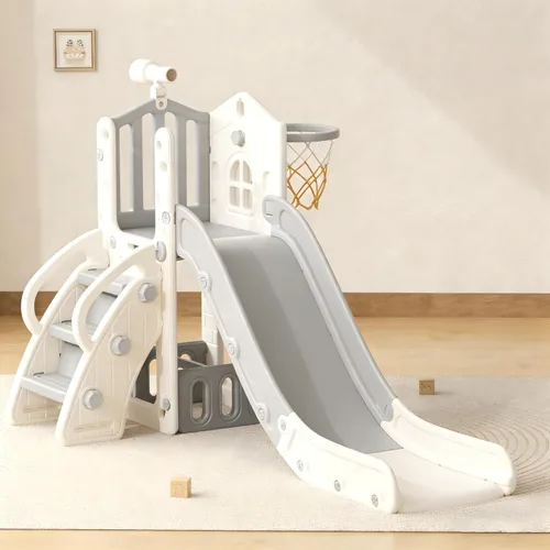 Miniatura 11 de YUFU Tobogán 5 en 1 para niños pequeños, tobogán para niños con escalador, aro de baloncesto y pelota, juego para interiores y exteriores para niños
